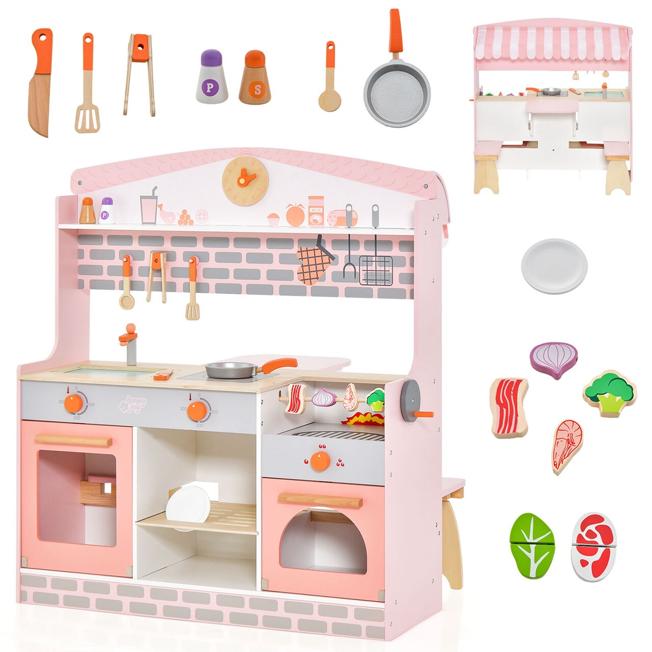 Costway 2 in 1 Kids Play Kitchen &#x26; Restaurant Double-Sided Pretend Playset with Canopy